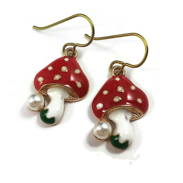 Pearl and red mushroom earrings, Pure niobium gold earrings, Nature cottagecore jewelry gift for her