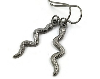 Dangle snake earrings, Implant grade titanium for sensitive ears, Snake jewelry for women