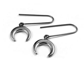 Crescent moon earrings, Pure implant grade niobium for sensitive ears, Minimalist threader earrings