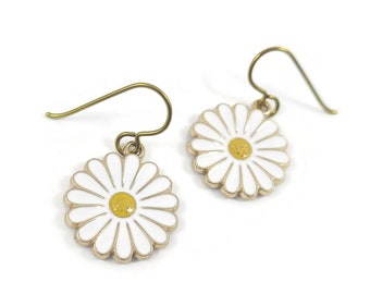 Daisy earrings, Hypoallergenic niobium, White and gold jewelry, Cute floral gift