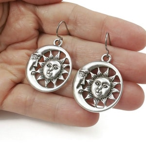 Moon and sun dangle earrings, Unique celestial jewelry, Pure titanium statement earrings