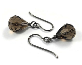 Drop crystal dangle earrings, Implant grade pure titanium jewelry for sensitive ears, Tarnish free