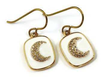 Gold and white moon earrings, Enamel celestial drop earrings, Implant grade pure niobium jewelry
