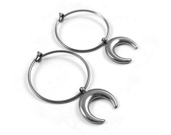Moon hoop earrings, Pure implant grade titanium for sensitive ears, Minimalist celestial earrings