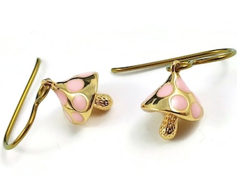 Cute dainty mushroom earrings, Cottagecore gold and pink drop earrings, Hypoallergenic pure niobium jewelry