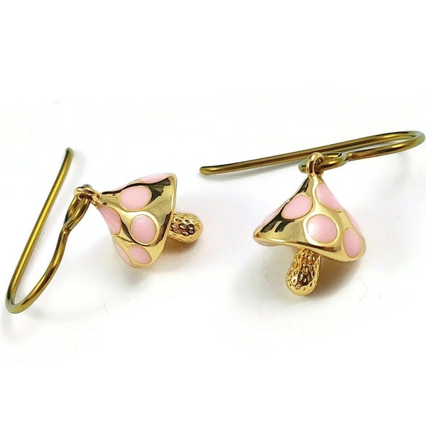 Cute dainty mushroom earrings, Cottagecore gold and pink drop earrings, Hypoallergenic pure niobium jewelry