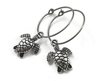 Turtle titanium hoop earrings, Hypoallergenic handmade jewelry, Ocean earrings for sensitive ears