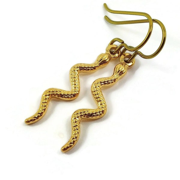 Gold snake earrings, Pure niobium for sensitive ears, Hypoallergenic dangle earrings, Snake jewelry for women