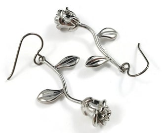 Silver rose dangle earrings, Unique flower jewelry, Nickel free titanium earrings, Women gift idea