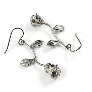 Silver rose dangle earrings, Unique flower jewelry, Nickel free titanium earrings, Women gift idea
