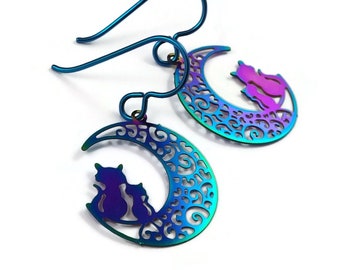 Rainbow cats and moon earrings, Pure niobium earrings, Celestial dangle earrings, Cute gift for her