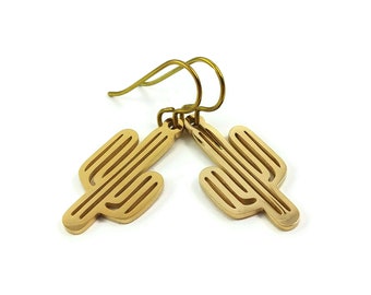 Gold cactus dangle earrings, Fun birthday gift for her, Succulent desert western jewelry