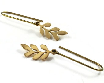 Minimalist leaves drop earrings, Dainty gold branch earrings, Pure niobium threader for sensitive ears