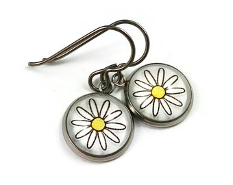 Cute daisy drop earrings, Hypoallergenic pure titanium jewelry, White flower earrings for sensitive ears