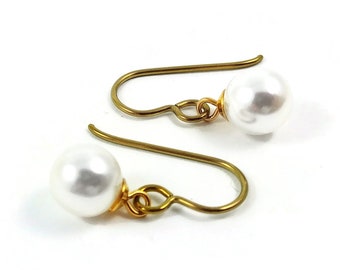 Gold pearl drop earrings, Hypoallergenic pure niobium jewelry