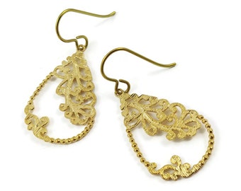 Gold filigree drop earrings, Fine dangle niobium earrings, Lace feminine elegant earrings, Birthday gift for her