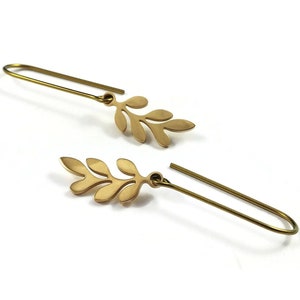 Minimalist leaves drop earrings, Dainty gold branch earrings, Pure niobium threader for sensitive ears