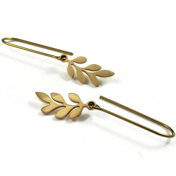 Minimalist leaves drop earrings, Dainty gold branch earrings, Pure niobium threader for sensitive ears