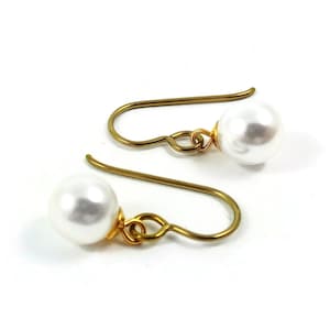 Gold pearl drop earrings, Hypoallergenic pure niobium jewelry image 1