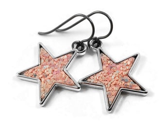 Lightweight acrylic star earrings, Sparkly dangle earrings, Hypoallergenic pure titanium jewelry, Fun colorful earrings