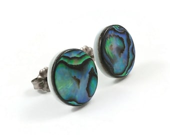 Abalone shell stud earrings, Pure implant grade titanium jewelry