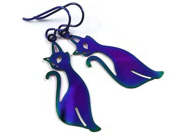 Siamese cats dangle earrings, Pure niobium earrings, Iridescent blue, green, pink and purple.