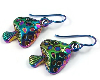 Rainbow mushroom earrings, Fun gift dangle earrings, Hypoallergenic niobium jewelry