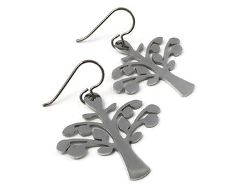 Silver tree dangle earrings, Hypoallergenic pure titanium and stainless steel jewelry, Nature lover gift for her