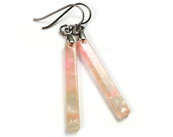Pink titanium earrings, Dangle bar resin earrings, Simple aesthetic long earrings, Nickel free minimalist jewelry