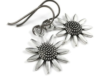 Small sunflower drop earrings, Implant grade pure titanium jewelry, Cute lightweight summer earrings