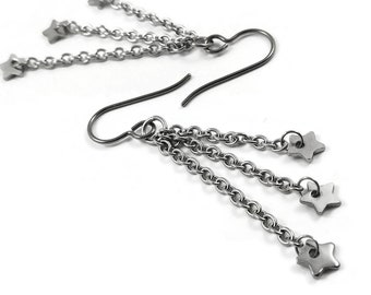 Star silver chain dangle earrings - Hypoallergenic pure titanium and stainless steel