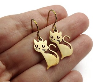 Elegant cat earrings, Pure niobium dangle earrings, Hypoallergenic gold earrings, Siamese cat lovers gift