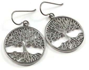 Tree of life dangle earrings, Unique nature jewelry, Nickel free statement earrings, Pure titanium earrings