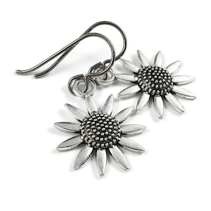 Small sunflower drop earrings, Implant grade pure titanium jewelry, Cute lightweight summer earrings