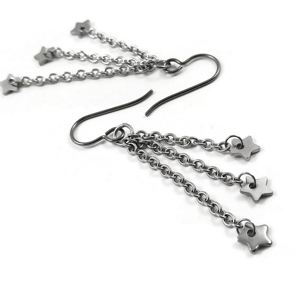 Star silver chain dangle earrings - Hypoallergenic pure titanium and stainless steel