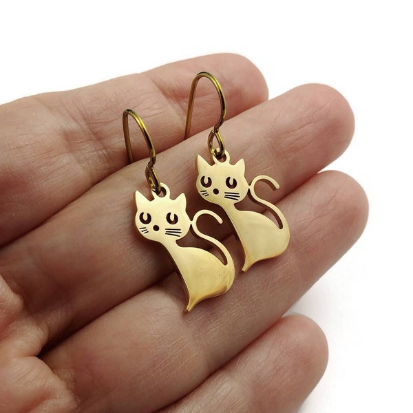 Elegant cat earrings, Pure niobium dangle earrings, Hypoallergenic gold earrings, Siamese cat lovers gift