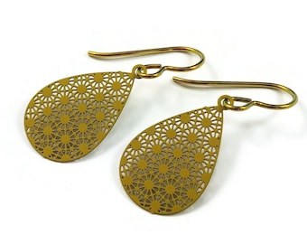 Golden teardrop niobium earrings, Hypoallergenic oval dangle earrings, Lightweight filigree jewelry