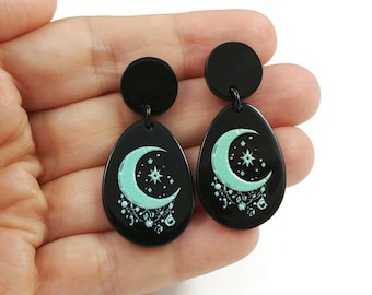 Turquoise boho moon drop earrings, Celestial black acrylic earrings, Statement titanium jewelry for sensitive ears