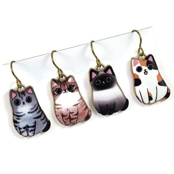 Cat earrings, Pure niobium dangle earrings, Hypoallergenic gold jewelry, Fun cat lover gift ideas