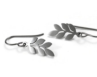 Titanium botanical drop earrings, Dainty silver branch earrings, Implant grade titanium for sensitive ears