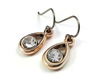 Rose gold faceted dangle earrings, Hypoallergenic pure titanium and acrylic jewelry, Everyday lightweight earrings