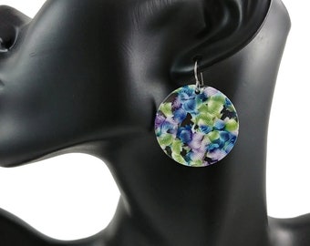 Blue and green floral earrings, Hypoallergenic pure titanium jewelry, Colorful acrylic dangle earrings, For sensitive ears