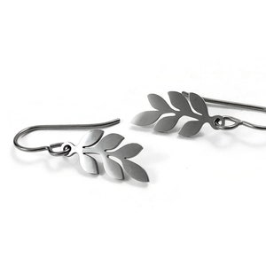 Titanium botanical drop earrings, Dainty silver branch earrings, Implant grade titanium for sensitive ears