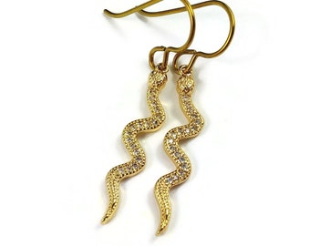 Gold snake earrings, Pure niobium for sensitive ears, Dangle cubic zirconia earrings