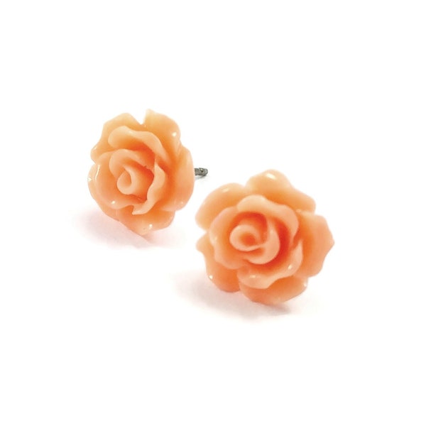 Coral flower earrings, Hypoallergenic bridesmaids titanium earrings, Vintage flower rose studs