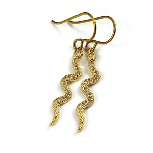 Gold snake earrings, Pure niobium for sensitive ears, Dangle cubic zirconia earrings