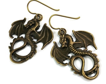 Dragon dangle earrings, Nickel free niobium jewelry, Fantasy women gift