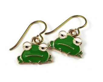 Cute frog dangle earrings, Hypoallergenic gold niobium jewelry, Frog lover enamel earrings