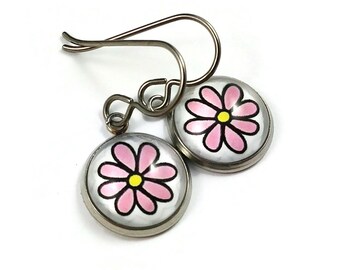 Cute pink daisy drop earrings, Hypoallergenic pure titanium for sensitive ears, Implant grade