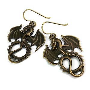 Dragon dangle earrings, Nickel free niobium jewelry, Fantasy women gift Bronze